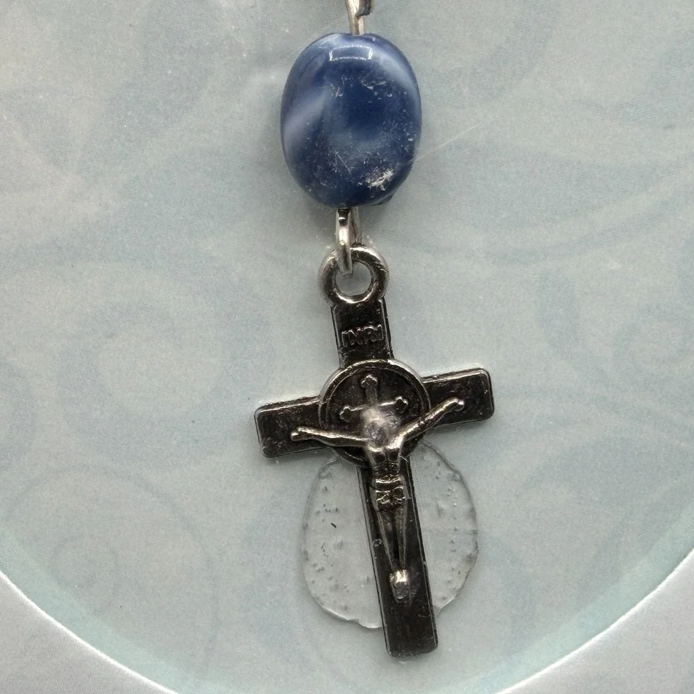 St Peregrine St Anthony Rosary Necklace Blue Beads Crucifix Catholic Prayer Gift